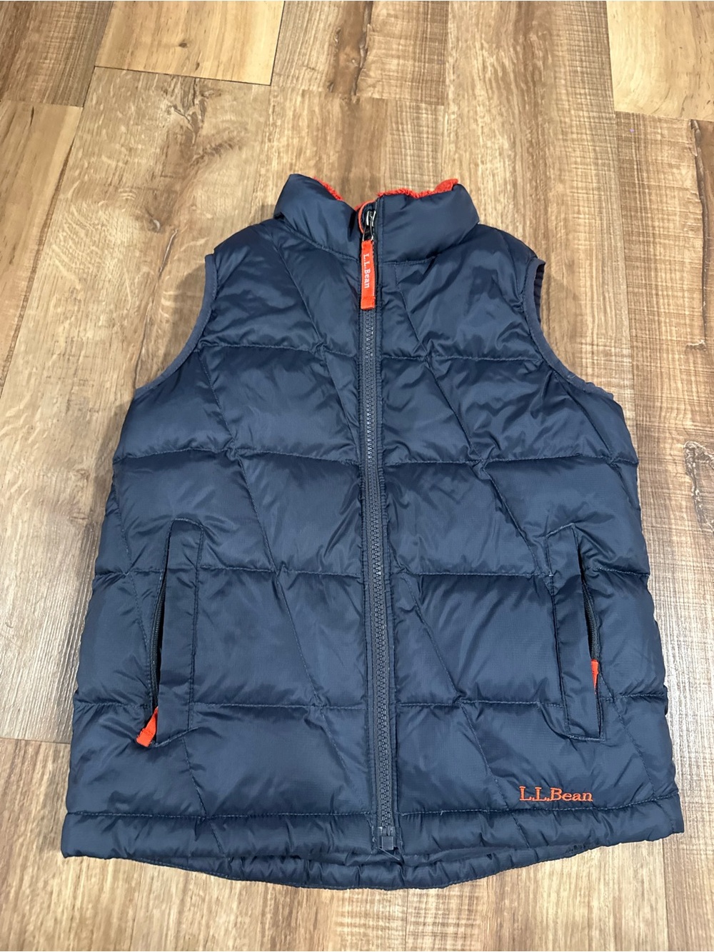 L.L. Bean Navy Blue Puffer Vest with Orange Accents - Kids